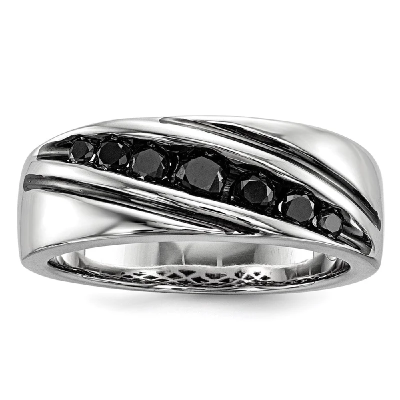 ladies rings sleek modern style -White Night Sterling Silver Rhodium-plated Black Diamond Men's Band Ring