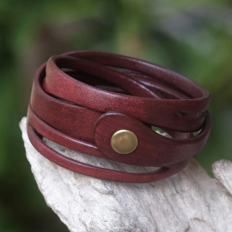 Ladies engraved bracelets -Crimson Whisper Artisan Crafted Red Leather Wrap Bracelet