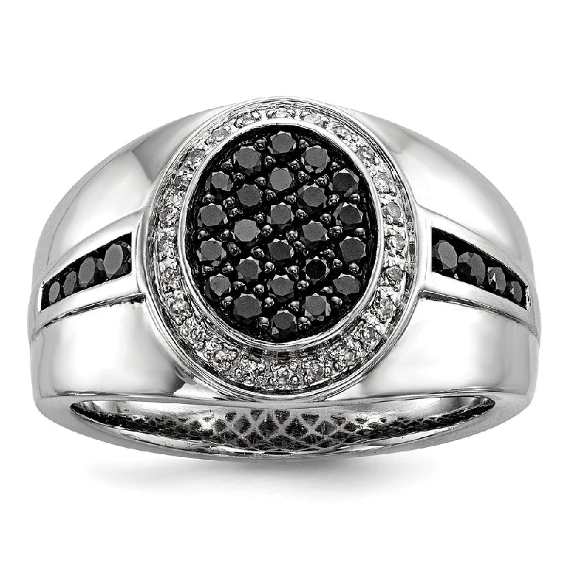 ladies rings floral pattern beauty -Sterling Silver White & Black Diamond Oval Men's Ring